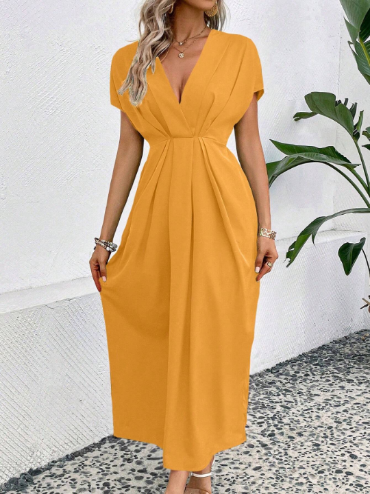 Solid Plunging Neck Fold Pleated Detail Dress