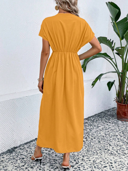 Solid Plunging Neck Fold Pleated Detail Dress