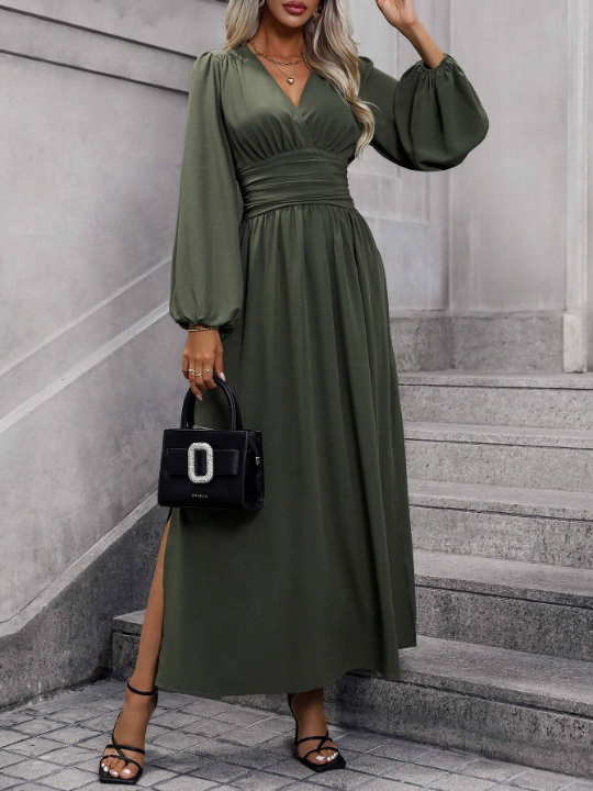 Lantern Sleeve Split Thigh Dress