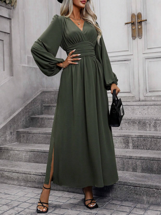 Lantern Sleeve Split Thigh Dress