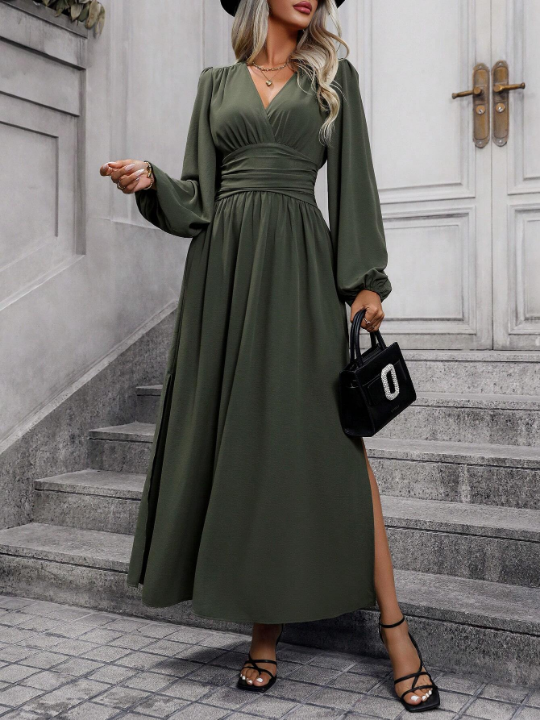 Lantern Sleeve Split Thigh Dress