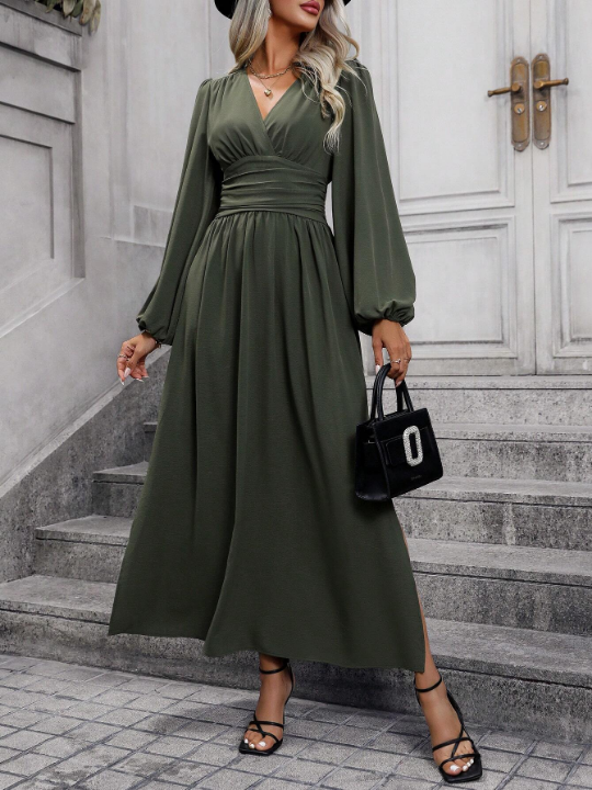 Lantern Sleeve Split Thigh Dress