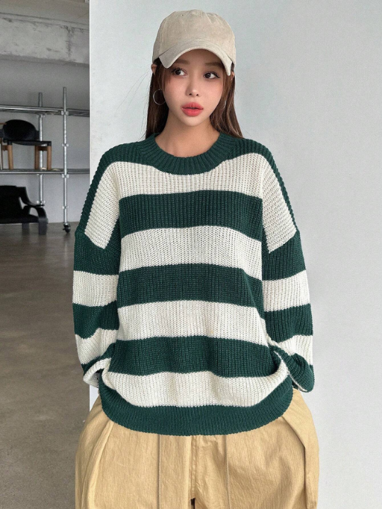 DAZY Striped Pattern Drop Shoulder Sweater