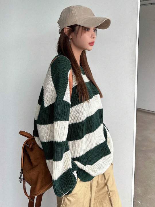 DAZY Striped Pattern Drop Shoulder Sweater