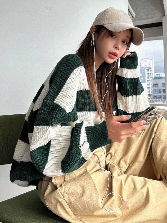 DAZY Striped Pattern Drop Shoulder Sweater