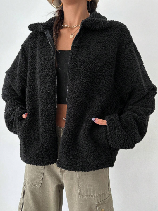 Zip Up Drop Shoulder Teddy Coat