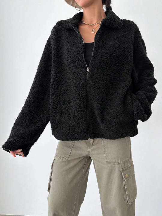 Zip Up Drop Shoulder Teddy Coat