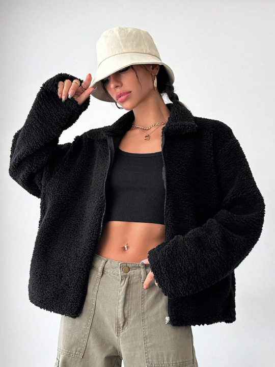 Zip Up Drop Shoulder Teddy Coat