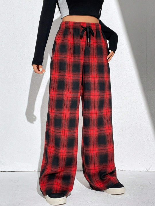 EZwear Summer Red Plaid Print Drawstring Waist Wide Leg Pants