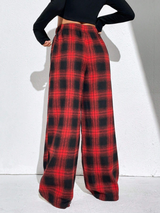 EZwear Summer Red Plaid Print Drawstring Waist Wide Leg Pants