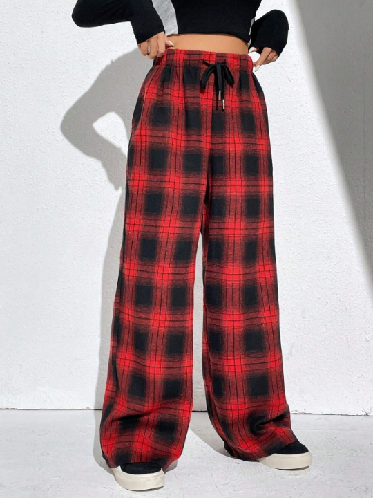 EZwear Summer Red Plaid Print Drawstring Waist Wide Leg Pants