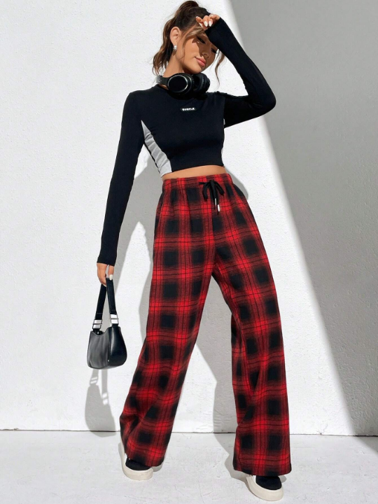 EZwear Summer Red Plaid Print Drawstring Waist Wide Leg Pants