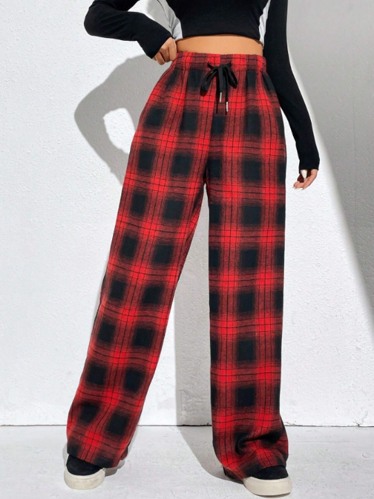 EZwear Summer Red Plaid Print Drawstring Waist Wide Leg Pants