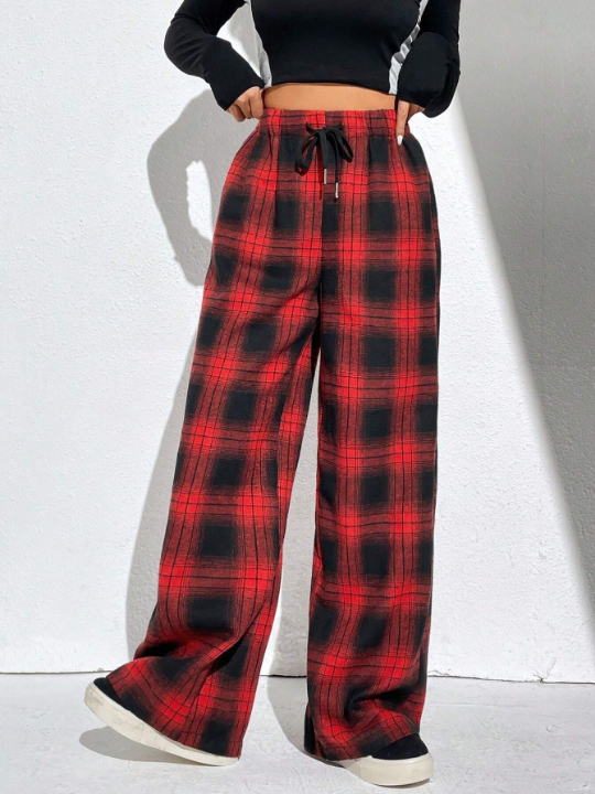 EZwear Summer Red Plaid Print Drawstring Waist Wide Leg Pants