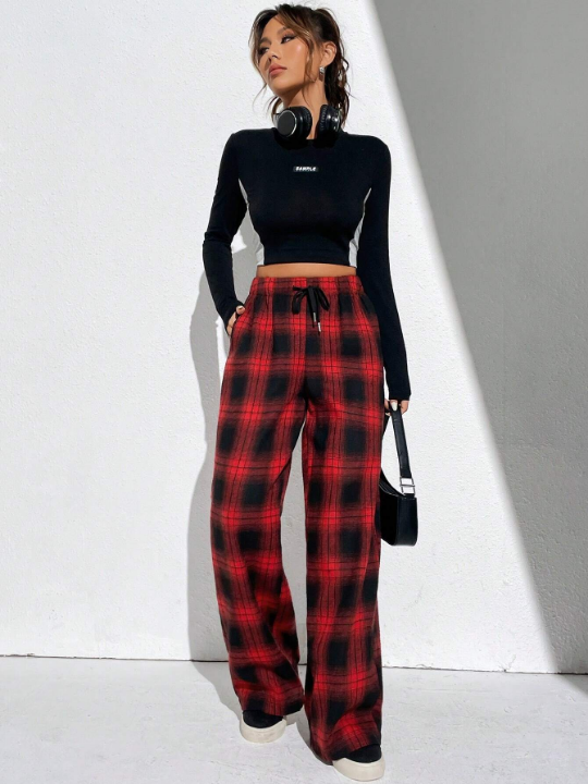 EZwear Summer Red Plaid Print Drawstring Waist Wide Leg Pants