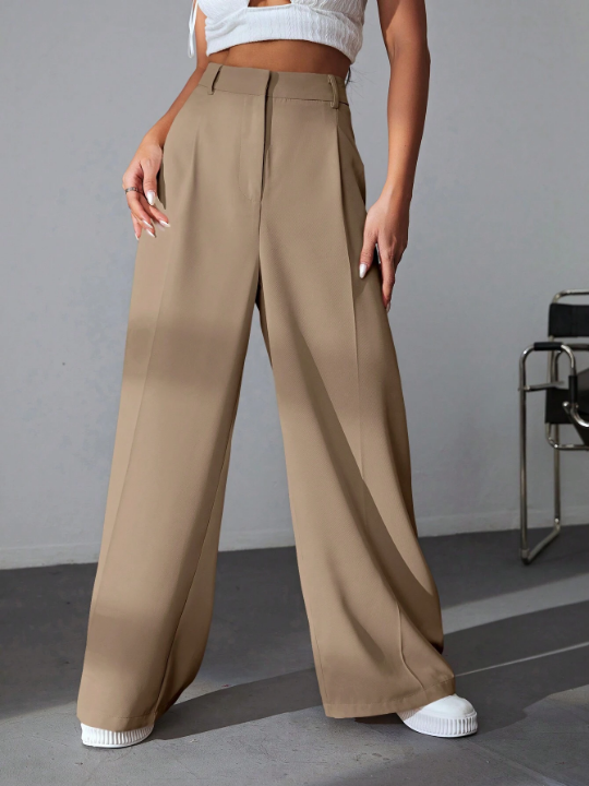 EZwear Solid Wide Leg Khaki Pants