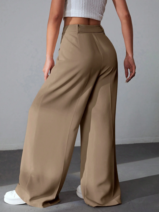 EZwear Solid Wide Leg Khaki Pants