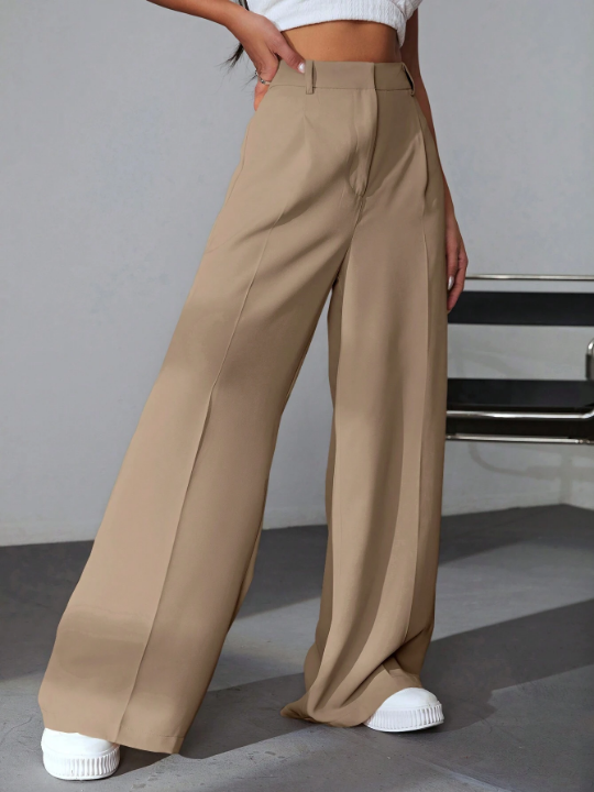 EZwear Solid Wide Leg Khaki Pants