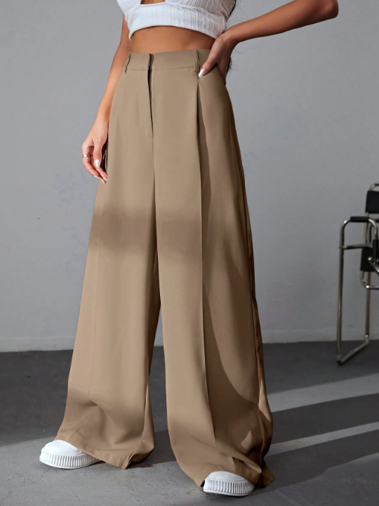 EZwear Solid Wide Leg Khaki Pants