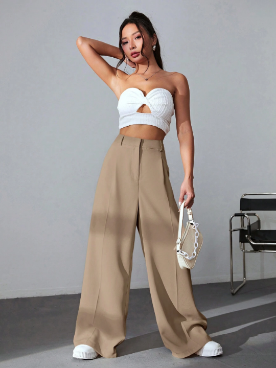 EZwear Solid Wide Leg Khaki Pants