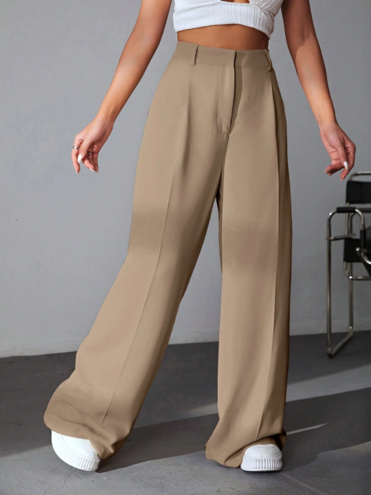 EZwear Solid Wide Leg Khaki Pants