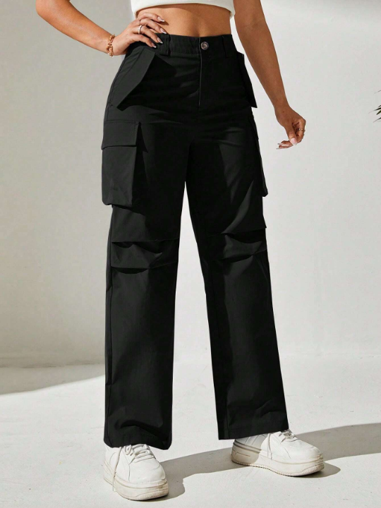 PETITE Solid Flap Pocket Cargo Black Pants