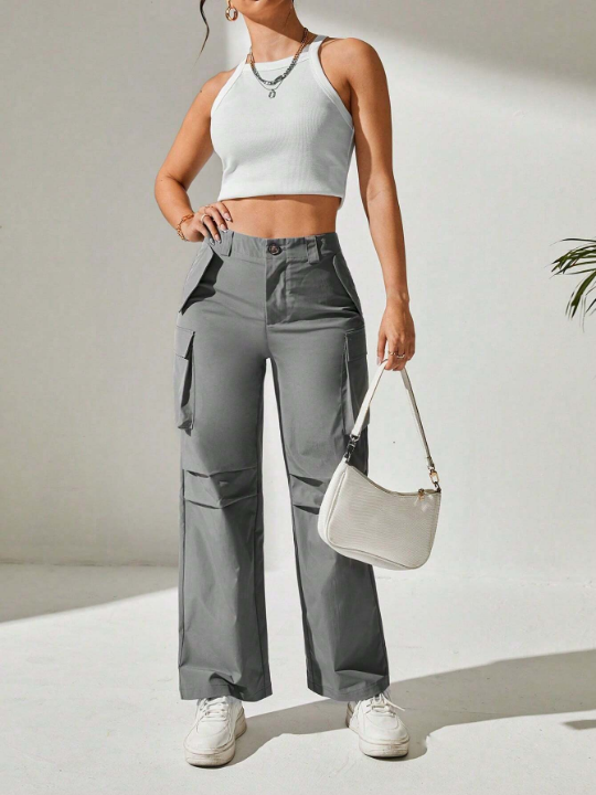 PETITE Solid Flap Pocket Cargo Dress Pants