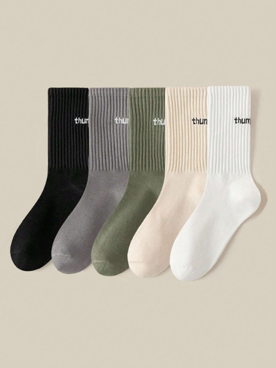 5pairs Men's Spring & Autumn New Casual, Versatile Mid-Calf Socks For Couples