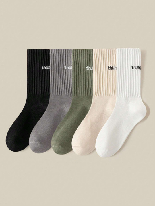 5pairs/set Multicolor Women's Spring And Autumn Casual Crew Socks With Letter Pattern, Unisex