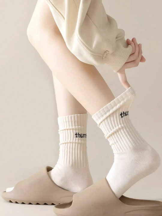 5pairs/set Multicolor Women's Spring And Autumn Casual Crew Socks With Letter Pattern, Unisex