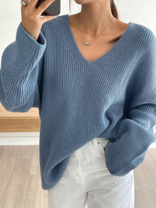 DAZY Solid Drop Shoulder Ribbed Knit Sweater