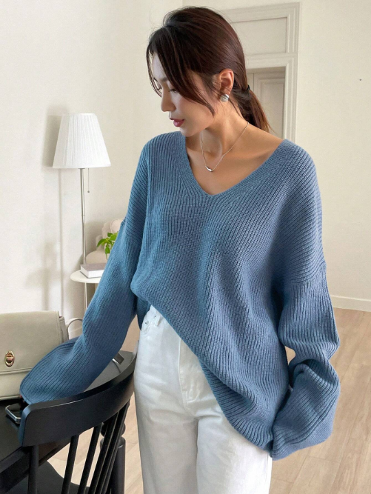 DAZY Solid Drop Shoulder Ribbed Knit Sweater