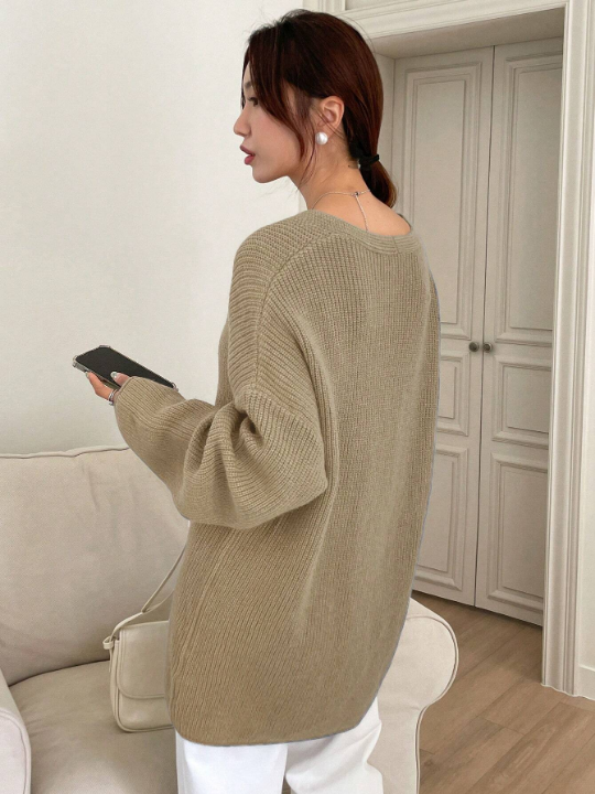 DAZY Solid Drop Shoulder Ribbed Knit V Neck Sweater