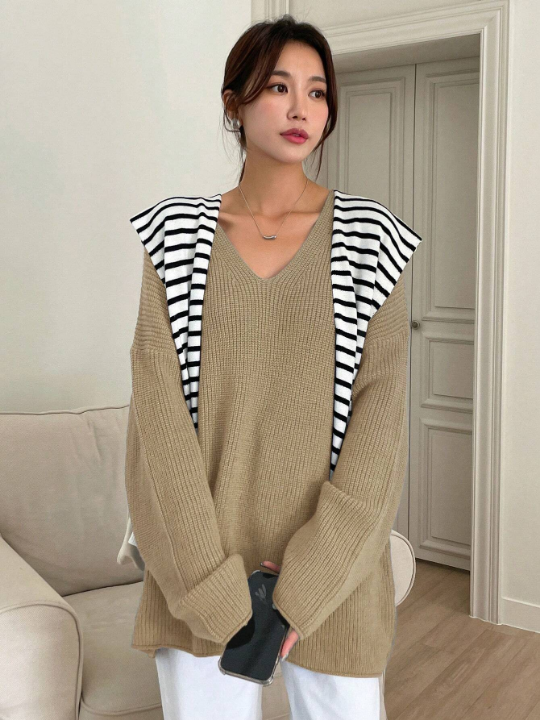 DAZY Solid Drop Shoulder Ribbed Knit V Neck Sweater