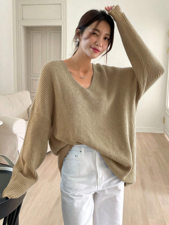 DAZY Solid Drop Shoulder Ribbed Knit V Neck Sweater