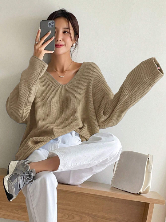 DAZY Solid Drop Shoulder Ribbed Knit V Neck Sweater