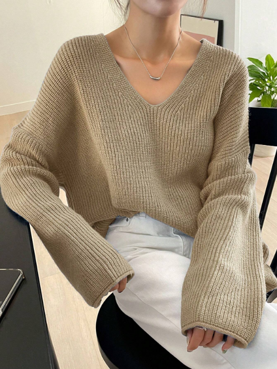 DAZY Solid Drop Shoulder Ribbed Knit V Neck Sweater