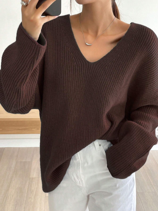 DAZY V Neck Drop Shoulder Ribbed Knit Sweater