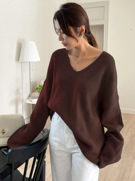 DAZY V Neck Drop Shoulder Ribbed Knit Sweater