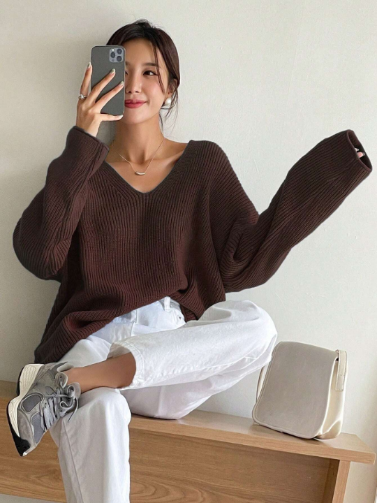 DAZY V Neck Drop Shoulder Ribbed Knit Sweater