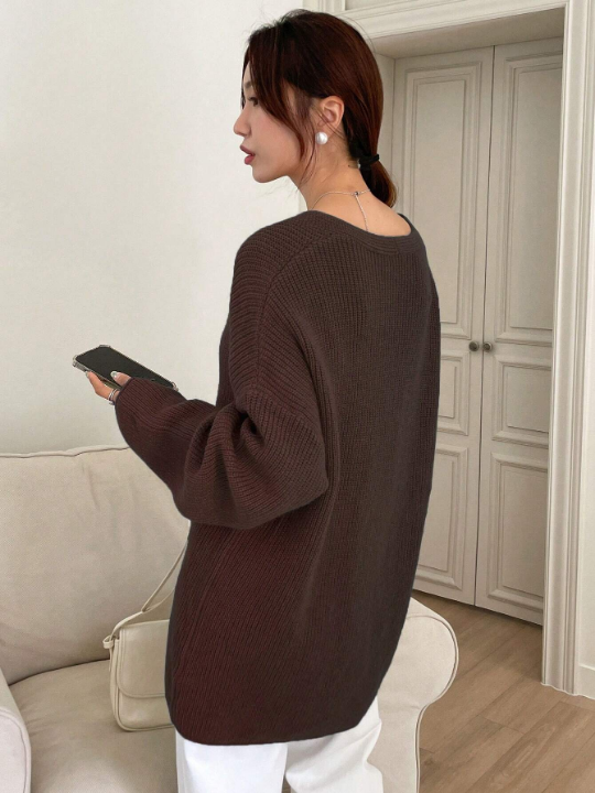 DAZY V Neck Drop Shoulder Ribbed Knit Sweater