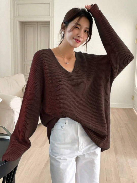 DAZY V Neck Drop Shoulder Ribbed Knit Sweater