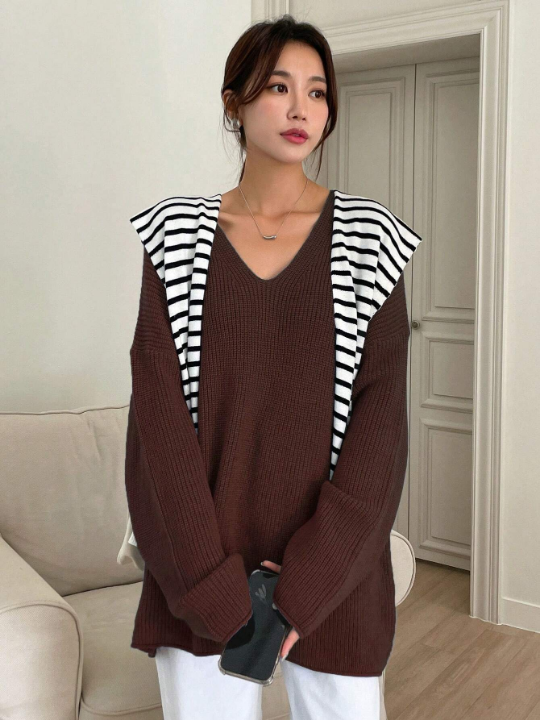 DAZY V Neck Drop Shoulder Ribbed Knit Sweater