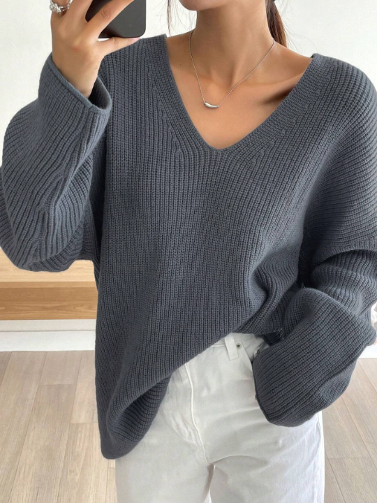 DAZY Solid Drop Shoulder Ribbed Knit Sweater