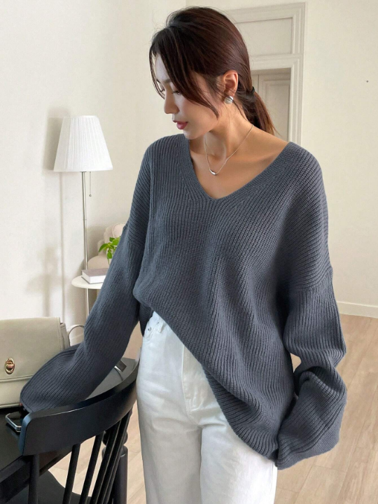 DAZY Solid Drop Shoulder Ribbed Knit Sweater