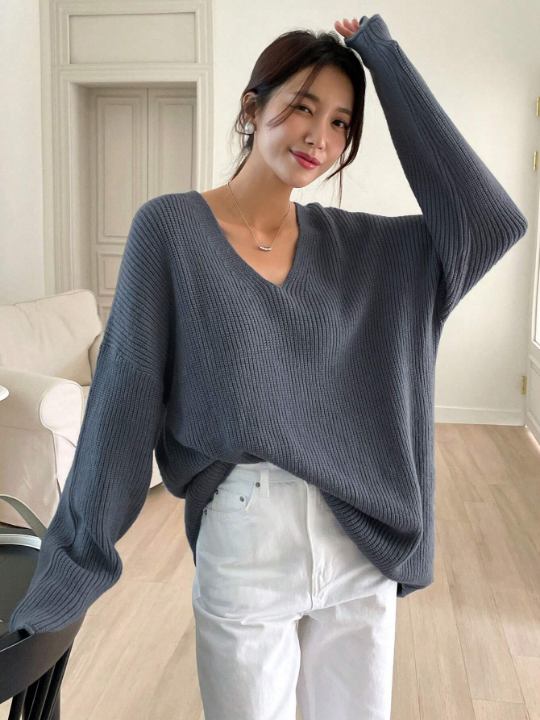 DAZY Solid Drop Shoulder Ribbed Knit Sweater