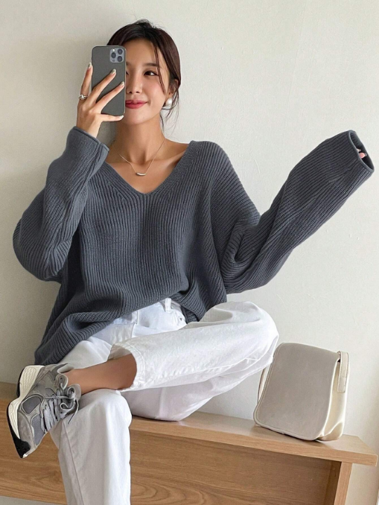 DAZY Solid Drop Shoulder Ribbed Knit Sweater