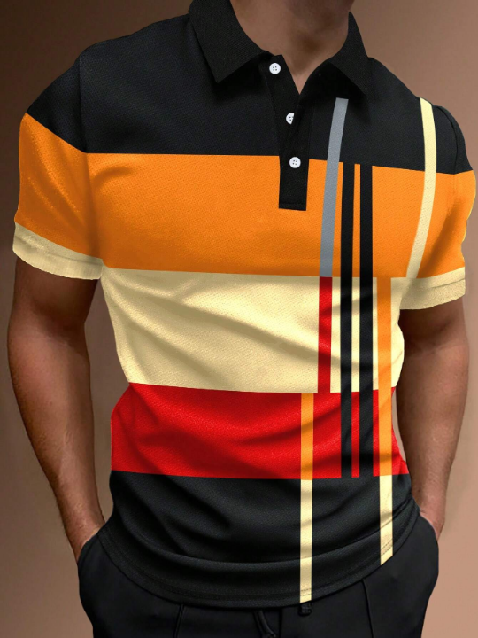 Manfinity Homme Men Striped Print Colorblock Polo Shirt