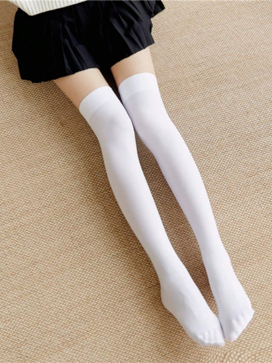 1pair Women's White Over-the-knee High Socks, Medium Thickness & Slimming