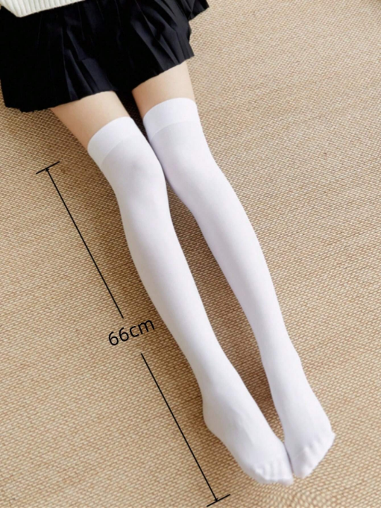 1pair Women's White Over-the-knee High Socks, Medium Thickness & Slimming